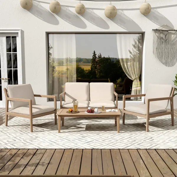 Christopher Knight Home 4 - Piece Outdoor Conversation Set, Solid Wood Frame with Beige Cushions, Light Teak