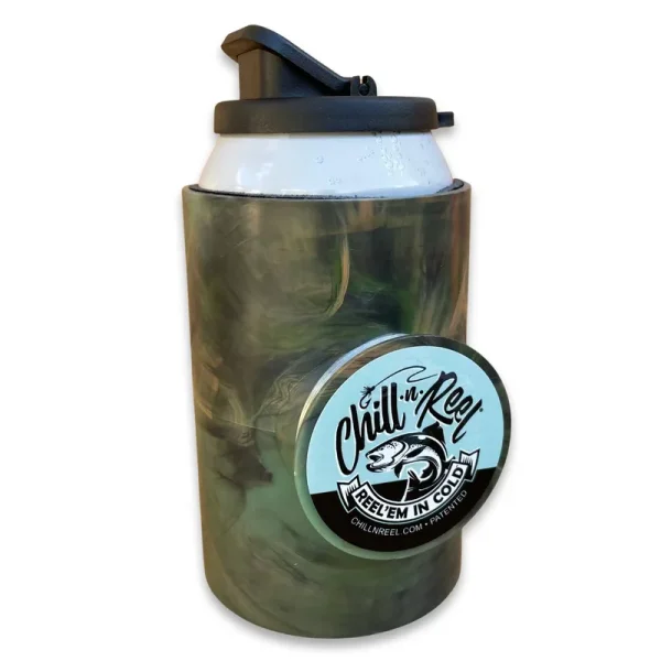 Chill-N-Reel (Official): Fishing Can Cooler Gift for Men and Women Spill Guard Included / Camo