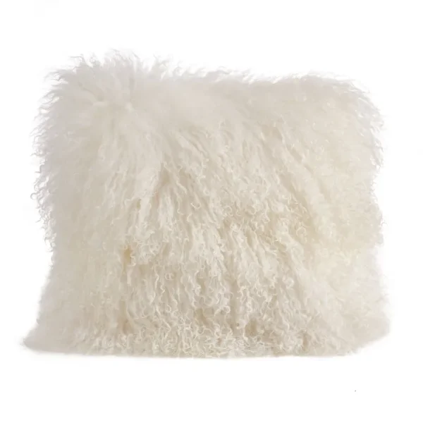 Saro 16 in. Square Wool Mongolian Lamb Fur Throw Pillow Ivory