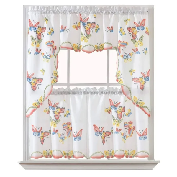 GOHD - 3pcs Kitchen Curtain/Cafe Curtain Set, Air-Brushed by Hand of Flying Butterfly Design. (Swag & 24 Tiers Set)