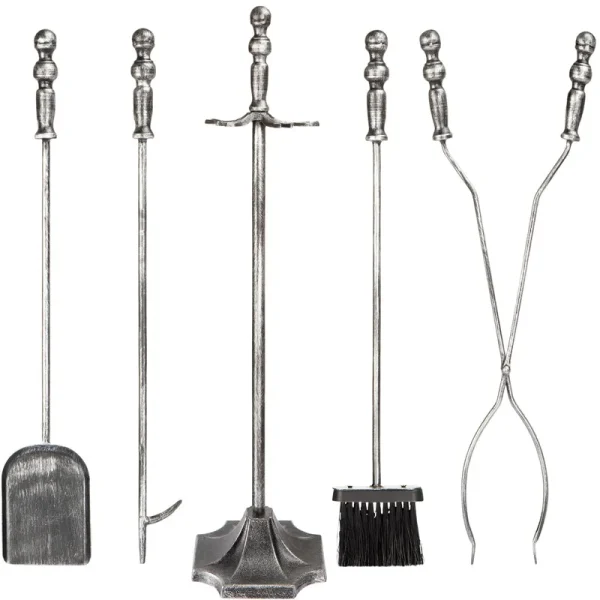 Best Choice Products 5-Piece Fireplace and Firepit Iron Tool Set w/ Tongs, Poker, Broom, Shovel, Stand - Pewter