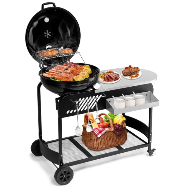 Charcoal Grill with Side Table, Portable BBQ Grill with Cart, Slide - Out Ash Pan & Thermometer for Outdoor Barbecue Camping Outdoor, Picnic, Backyard Cooking, Black
