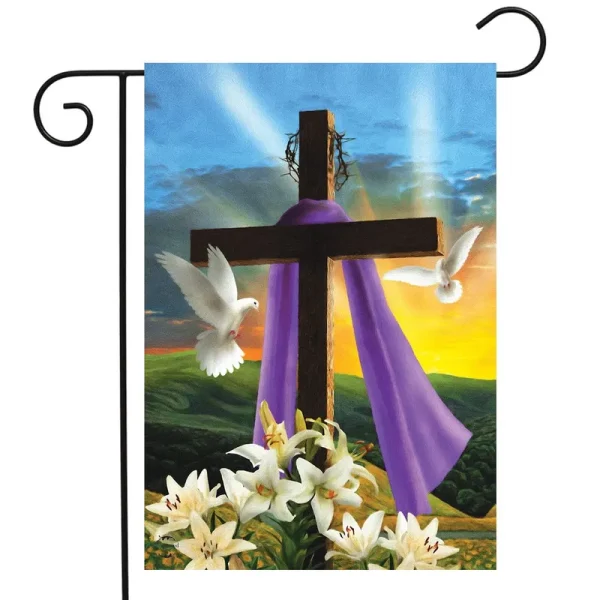 Easter Sunrise Religious Garden Flag Cross Doves Lilies 12.5" x 18"