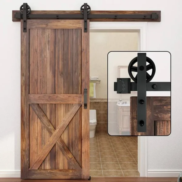 winsoon 5-16ft Single Wood Sliding Barn Door Hardware Basic Black Big Spoke Wheel Roller Kit Garage Closet Carbon Steel Flat Track System (5ft)