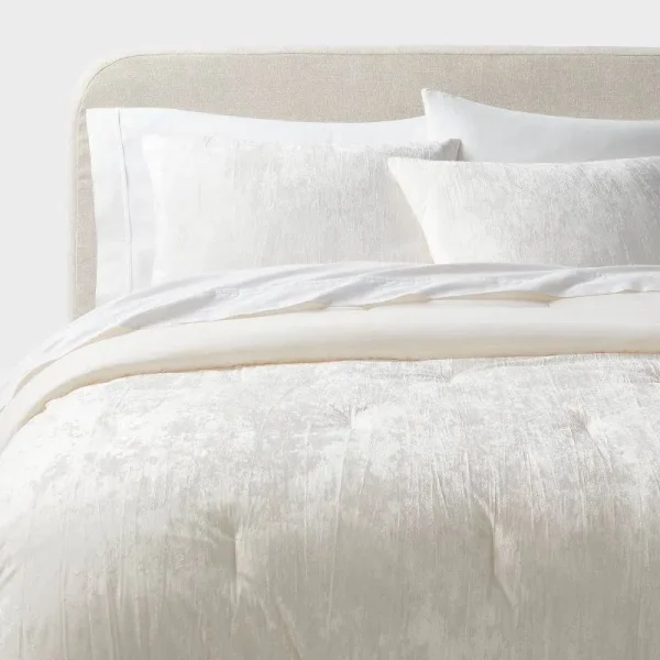 3PC King Luxe Distressed Crinkle Velvet Comforter and Sham Set Ivory - Threshold