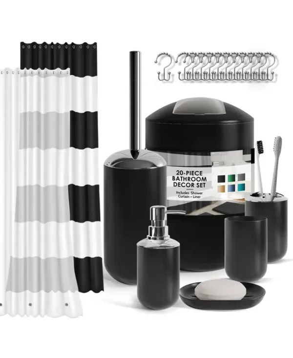 Clara Clark 20 Piece Complete Bathroom Accessories Kit with Shower Curtain Set Black