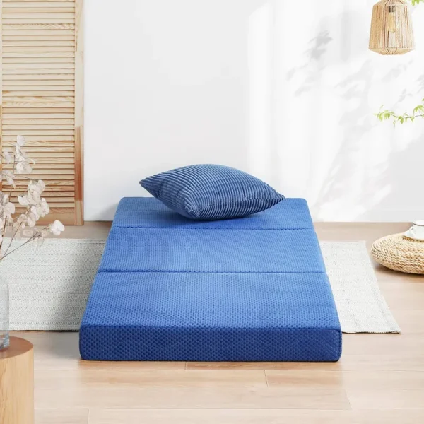 Olee Sleep 4 inch Tri Folding Memory Foam Topper Blue Cot