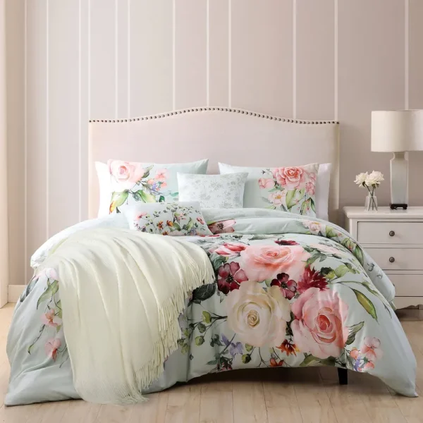 Bebejan Rose On Misty Green 100% Cotton 5-Piece Reversible Comforter Set - King