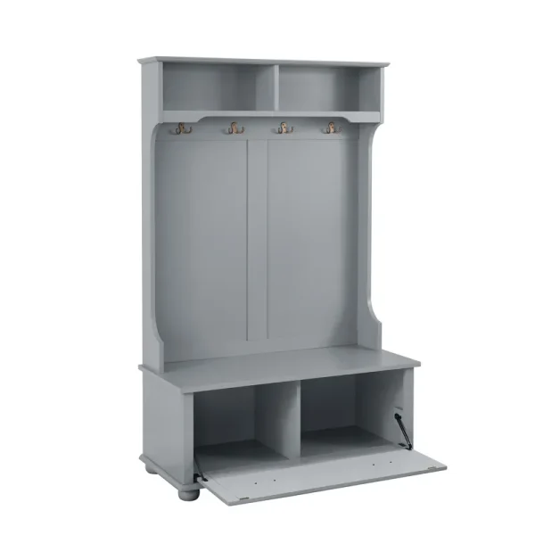 Llinc Store Classic Cosatal Style Hall Tree Entryway Bench with Open Shelves and Shoe Cabinets, SOLID WOOD Feet, Gray, 40"w*18.5"d*64.5"h