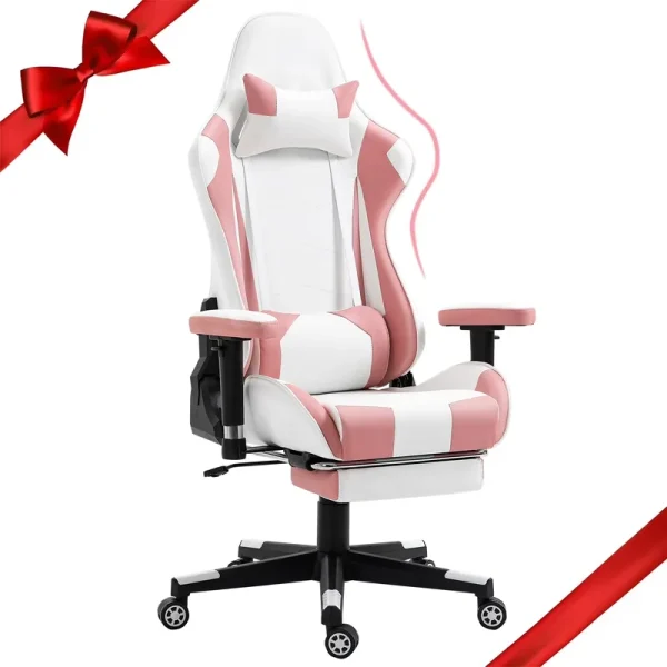 AVAWING Adult Gaming Chair, Ergonomic Leather Gaming Chair with Footrest, Lumbar Support and Headrest, Pink - White