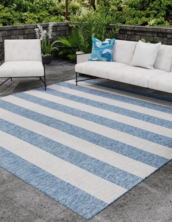 Outdoor Striped 11 ft Square Blue Area Rug Indoor Outdoor Rug