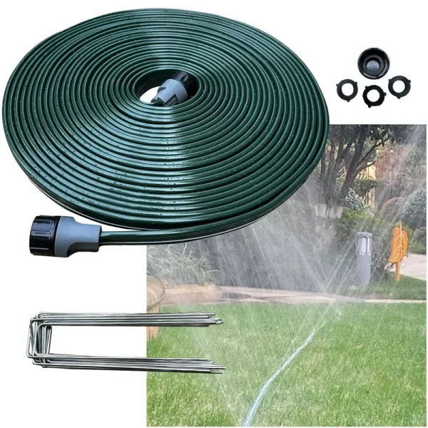 Watoo 2024 50 ft Flat Sprinkler Hose for Lawn Watering Garden Soaker Hose with Holes, Heavy Duty Lightweight No-Kink Water Hose with Stakes,