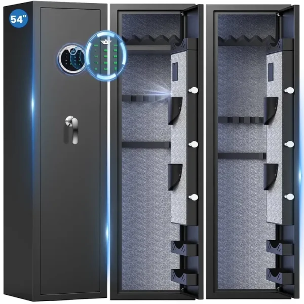 Omethey 4 - 5 Fireproof Gun Safe, Digital Shotgun Safe for Home, Long Gun Safe with Backlit Keypad & LED Light, Gun Cabinet with Removable Shelf, Adjustable Gun Support, Pistol Bag & Metal Storage Box