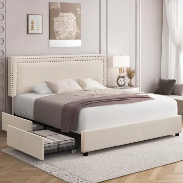 VECELO Full Bed Frame with 4 Storage Drawers (Wheeled) and Tufted Upholstered Adjustable Headboard Platform Bed, Beige