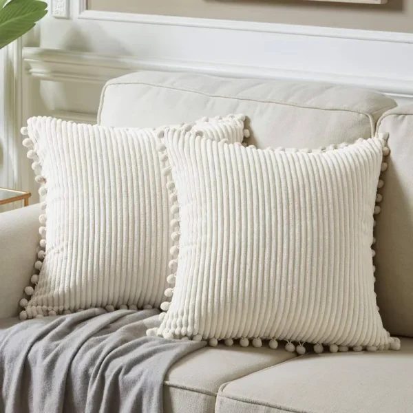 Fancy Homi Pack of 2 Boho Decorative Throw Pillow Covers with Pom-Poms