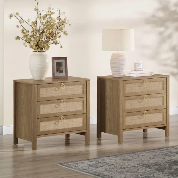 Surmoby Oak Boho 3 - Drawer Nightstand Set of 2 - Extra Wide Storage Night Stand with Gold Handles Large&Tall Bed Side Table for Bedroom Living Room Enterway