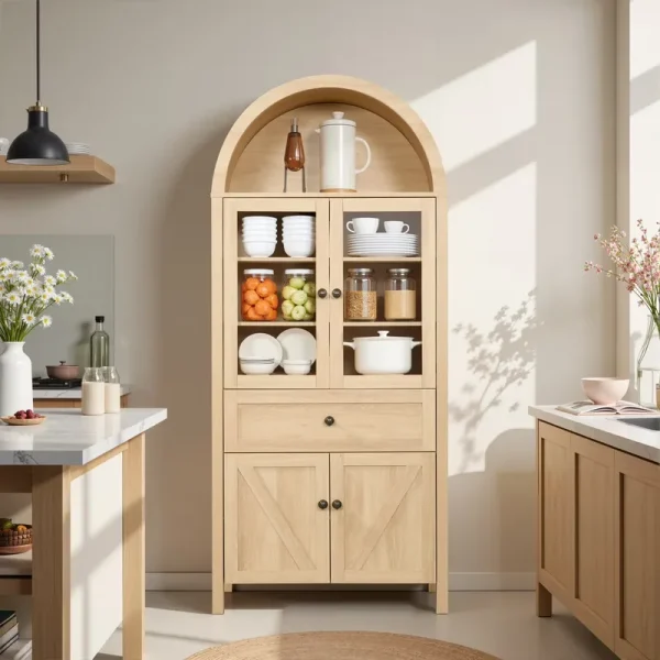Lisonu 72" Arched Bookcase with Doors, Tall Dome Display Cabinet with Storage for Living Room or Home Office, Natural