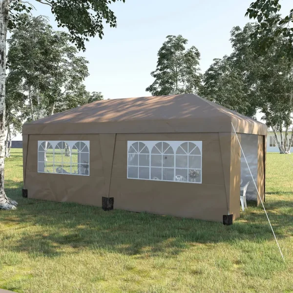 Outsunny 19' x 10' Pop Up Canopy with Sidewalls, Height Adjustable Large Party Tent with Leg Weight Bags - Brown