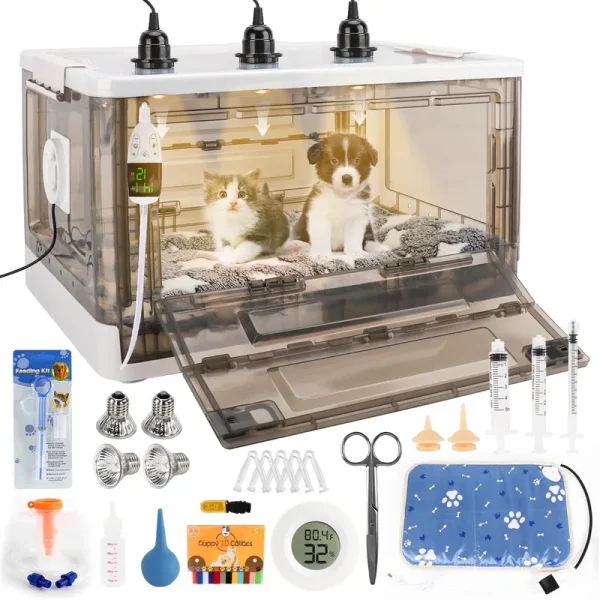 HKDQ Puppy Incubator with Heating - 2025 New Puppy Incubator, Temperature Control & Quiet Ventilation, Kitten Incubator, Incubator for Puppies with 3heat Lamp (85 L)