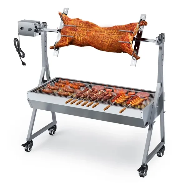 Ecojoy Rotisserie Grill Roaster, 132 lb Charcoal Grill Outdoor BBQ Grill Pig Lamb Spit Roaster with 25W Motor and Hand Crank