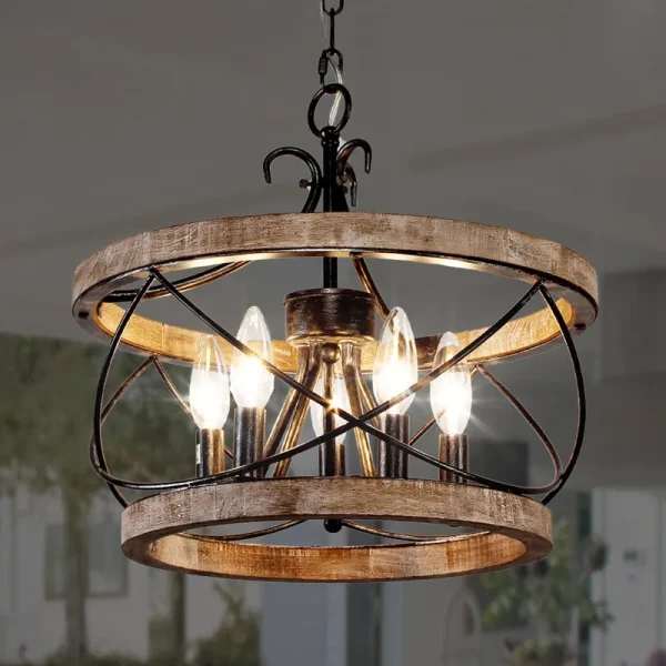 Bella Depot 5-Light Rustic Cage Wood Chandelier Dimmable Lighting, Adjustable Farmhouse Pendant Light for Kitchen Island