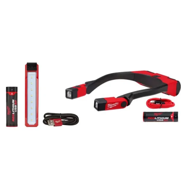 Milwaukee 400 Lumens LED REDLITHIUM Rechargeable Neck Light and 445 Lumens LED REDLITHIUM USB Rover Pocket Flood Light, Black