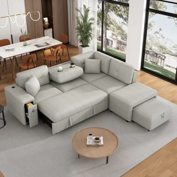 87" Modular Sectional Sleeper Sofa with Pull Out Bed, Convertible L - Shaped Couch with Ottoman, USB Ports and Two Cup Holders for Living Room, Apartment, Bedroom, Gray