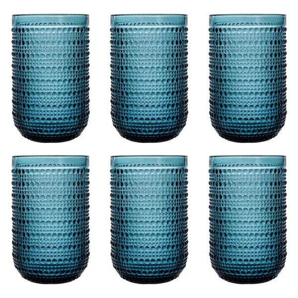 Bandesun Blue Vintage Highball Glasses Set of 6, 15 oz Hobnail Glassware, Embossed Romantic Drinking Glasses for Beer, Cocktail, Soda, Beverage