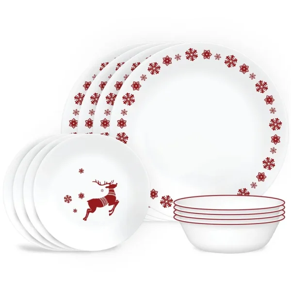 Corelle Winter Holiday 12 Piece Dinnerware Set, Rudolph