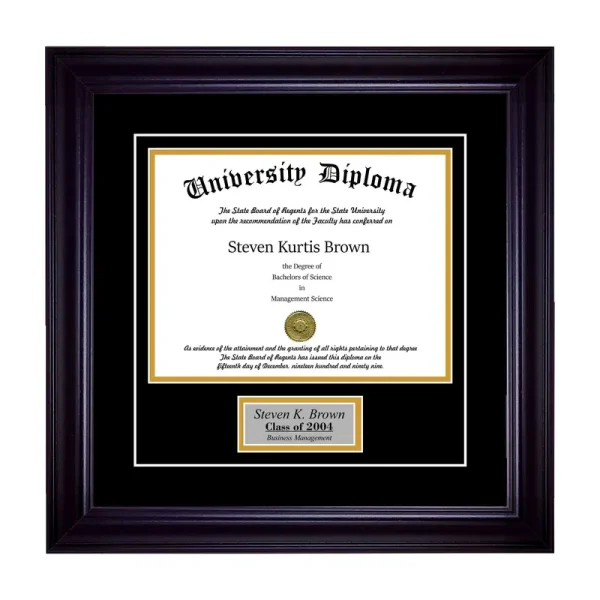 Personalized Single Diploma Frame with Double Matting for 8.5" x 11" Tall Diploma with Black 2" Frame