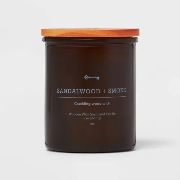 Threshold Lidded Amber Glass Jar Crackling Wooden Wick Sandalwood and Smoke Candle (9 oz) | Target