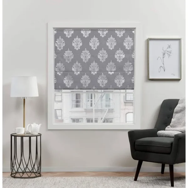 Exclusive Home Curtains Marseilles Damask Blackout Roman Shade, 23 inch x 64 inch, Grey, Gray