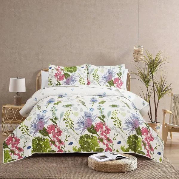 Jarson Floral Quilts Set King size, 3pcs Lightweight Summer Bedspreads, Country Purple Flowers Bedding, Botanical Plant Reversible Coverlets
