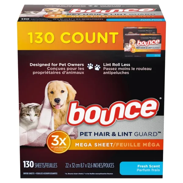Bounce Dryer Sheets, Pet Hair & Lint Guard, Fresh Scent, Mega - 130 sheets