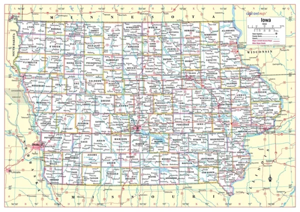 Cool Owl Maps Iowa State Wall Map Poster Rolled 34"Wx24"H (Laminated)