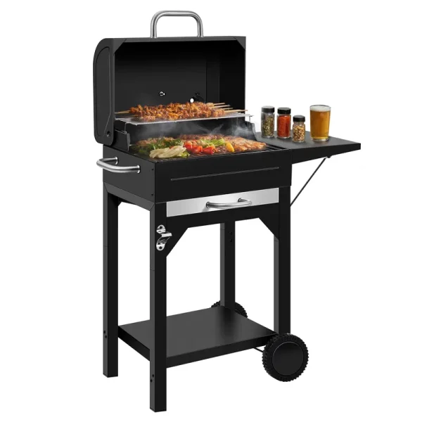 Portable Charcoal Smoker Grill Combo with Offset Firebox - Heavy Duty BBQ Grill with Warming Rack & Side Shelf for Outdoor Cooking, Camping & Tailgating