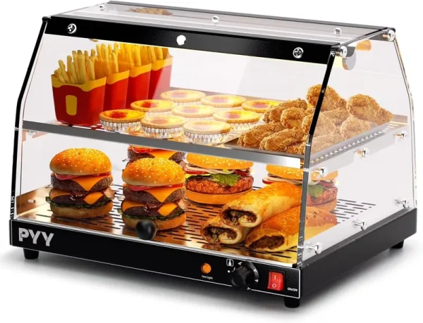 Commercial Food Warmer Display, 2 - Tier Electric Countertop Food Warmer with LED Lighting Adjustable Glass Door, Pastry Display Case for Buffet Restaurant Black