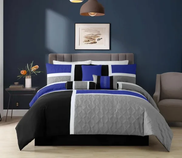 Chezmoi Collection Upland 7-Piece Medallion Patchwork Comforter Set, Full, Blue