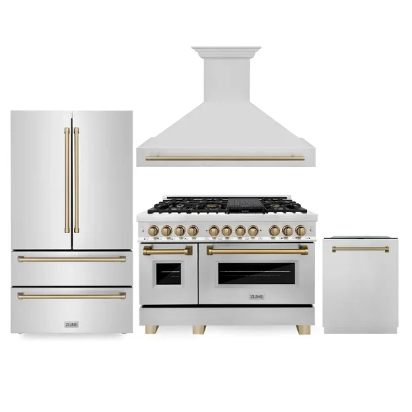 ZLINE 48" Autograph Edition Kitchen Package with Stainless Steel Dual Fuel Range, Range Hood, Dishwasher and Refrigeration with Champagne Bronze