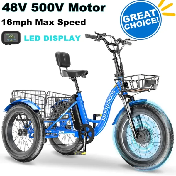 20" x 4" Fat Tire Electric Tricycle for Adult, 7 Speeds Electric Trike 48V 500W Motorized Tricycle, Electric Three Wheels Bicycle for Senior, Aluminum Frame & Rear Basket, 16mph