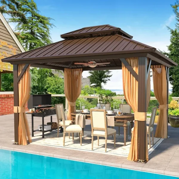 Outdoor Hardtop Gazebo with Galvanized Steel Double Roof & Aluminum Frame, Outdoor Pergola with Premium Curtains and Nettings - 10'x12'