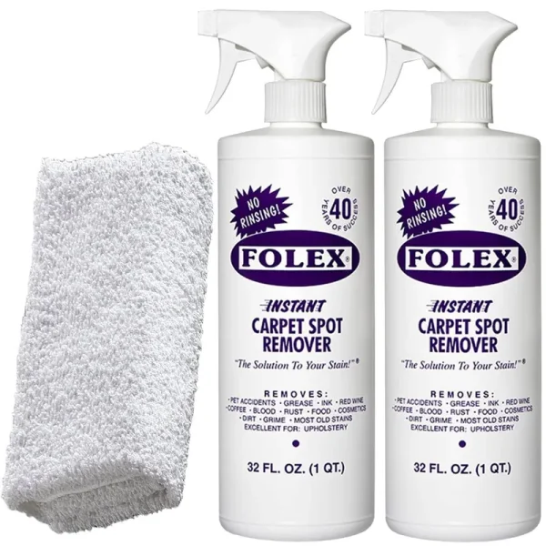 2 Bottles of Folex Instant Carpet Spot Remover + 1 Daley Mint Cleaning Cloth | Instant Rug, Upholstery, and Spot Carpet Stain Remover Kit, 32oz