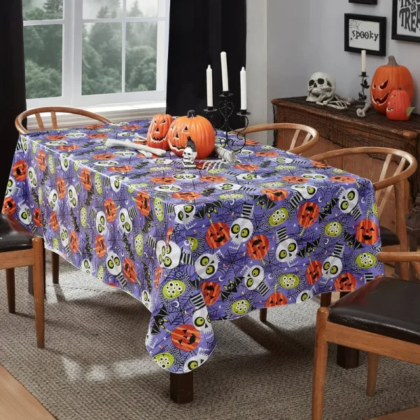 Newbridge Ghoulish Gang Whimsical Halloween Vinyl Flannel Backed Tablecloth - Pumpkin, Bats, Skulls and Spiderweb Fun Halloween Tablecloth, Easy Care