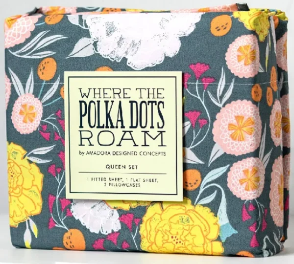 Where The Polka Dots Queen Sheets Set - Vintage Floral Gray Stain & Wrinkle-Resistant Cooling Sheets for Queen Bed - Soft 90 GSM Flat & Fitted Sheets