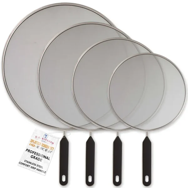 U.S. Kitchen Supply Set of 4 Classic Splatter Screens, 13 inch, 11.5 inch, 10 inch, and 8 inch - Stainless Steel Fine Mesh, Comfort Grip Handles - Use