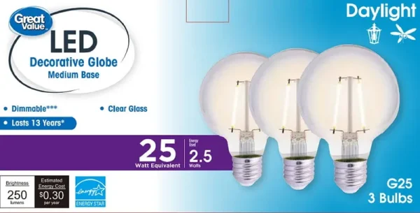 Great Value LED Light Bulb G25 25W Daylight 3 Pack, Clear