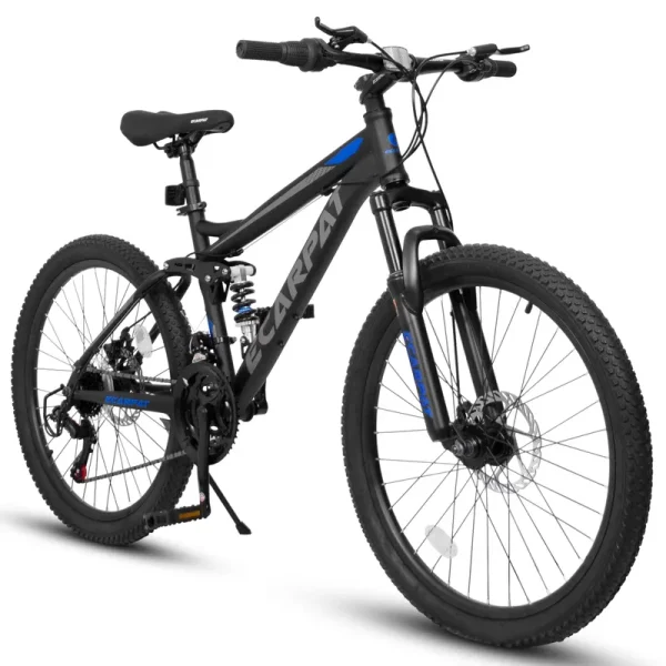 Mountain Bike, High Carbon Steel Bike with 24 in Wheels and 21 - Speed Full Suspension, Commuter City Bike with Disc Brakes and Grip Shifter, Front Fork Rear Shock Absorber Bicycles, Black