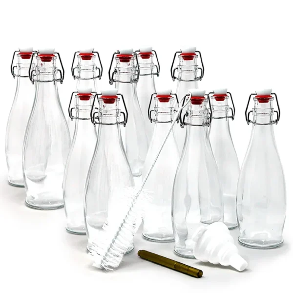 Mockins 12 Pack 17 oz Glass Bottle Set with Swing Top Stoppers A Funnel & Bottle