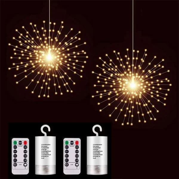 PXBNIUYA 2 Pack Starburst Sphere Lights,200 LED Firework Lights, 8 Modes Dimmable Remote Control Waterproof Hanging Fairy Light, Copper Wire Lights