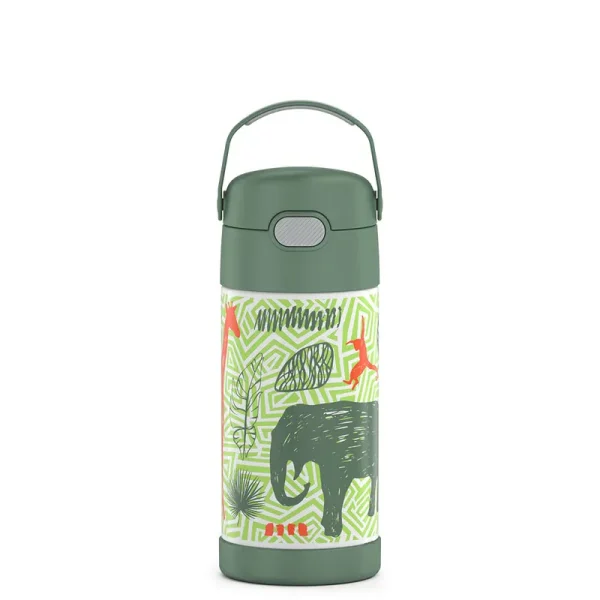 Thermos Funtainer 12 Ounce Stainless Steel Vacuum Insulated Kids Straw Bottle, Jungle Kingdom